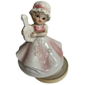Vtg Rotating Pink Girl Violin Music Box Ceramic Figurine Wind Up Works Japan